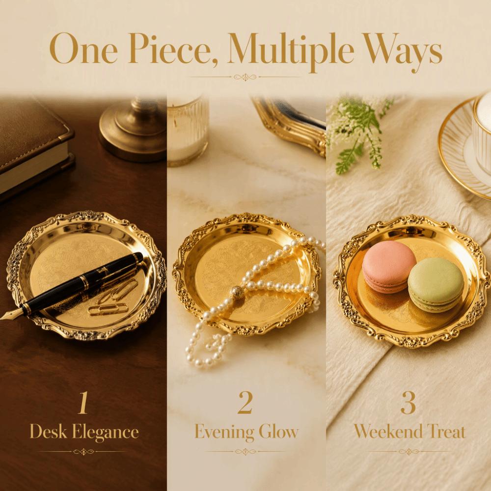 2pcs Golden Color Metal Serving Plate Carved Edge Round Food Tray For Holiday Party