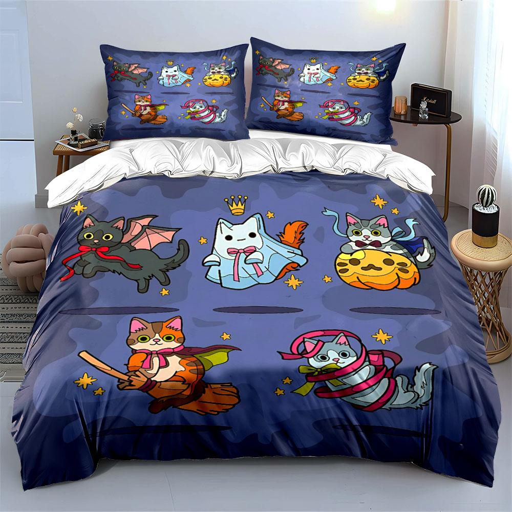 Halloween-Themed Cat Patterns Bedding Duvet Cover Set Duvet Cover Pillowcases  (1*Duvet Cover 2*Pillowcases, without duvet insert)