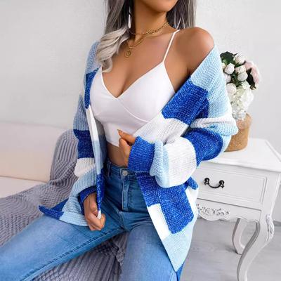 Women's Autumn and Winter Clashing Stripes Lantern Sleeve Casual Cardigan Sweater
