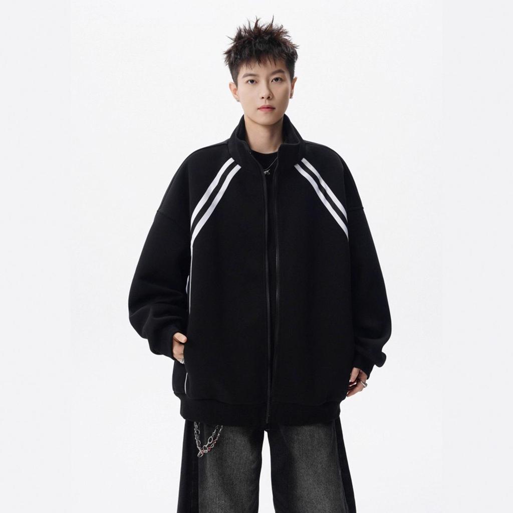 Men's Winter Patchwork Stand Collar Hoodie - Trendy Striped Casual Jacket
