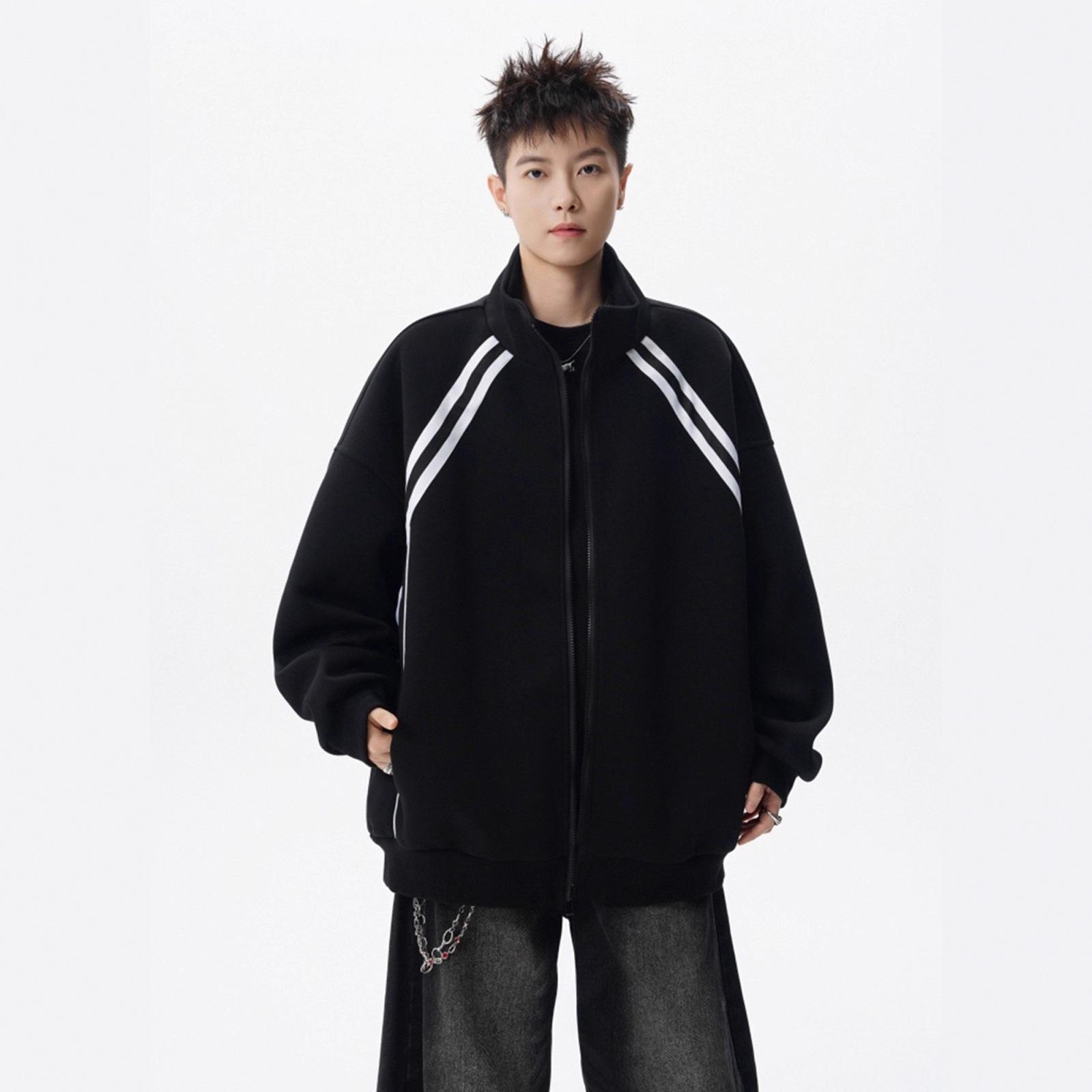 Men s Winter Patchwork Stand Collar Hoodie - Trendy Striped Casual Jacket Large чёрный