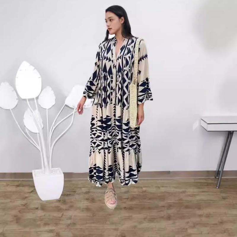 Plus-size V-neck Women's Printed Shirt Long Dress Bohemian Vacation Dress