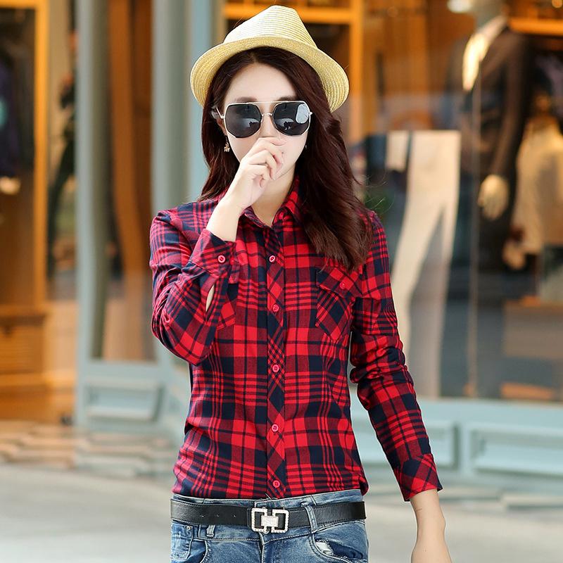 New Cotton Women's Shirts Grid Plus Size M-5XL Blouse Shirt Casual Long Sleeve Checkered Shirt  Turn-down Collar Streetwear