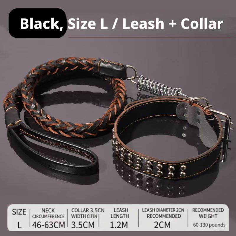 Medium Large Dog Walking Leash Set Braided Cowhide Leather Studded Collar Buffer Spring Solid Adjustable Black