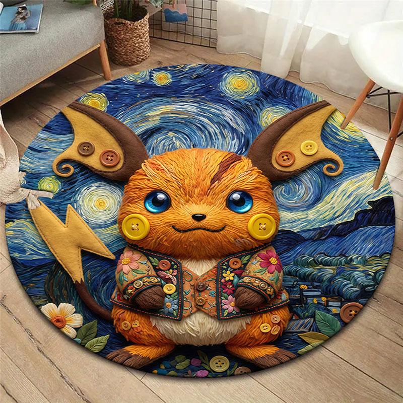 Felt Battle Pokemon Round Area Rug,Carpet Rug for Living Room Bedroom Sofa Playroom Decor,Non slip Floor Mat