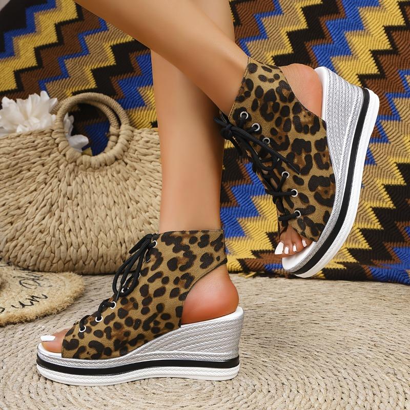 Women'S Leopard Print Wedge Sandals - Stylish Open-Toe, Lace-Up Ankle Strap, Comfortable High Heel with Metallic Accents, All-Season Footwear