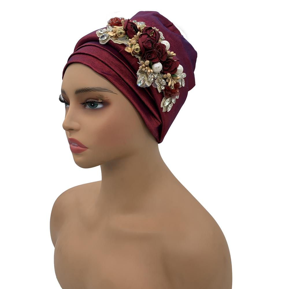Raw Silk African Turban Cap Flower Headwrap Bonnet Nigeria Wedding Headtie Wedding Party Headgear Turbante Mujer