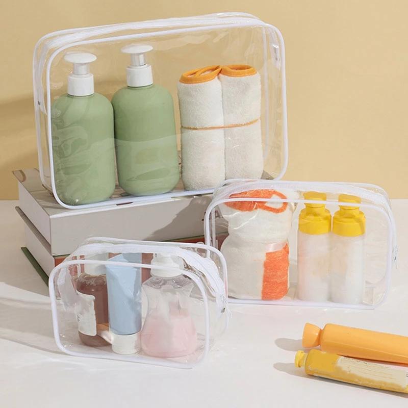 3Pcs Transparent Pvc Cosmetic Bag Waterproof Zipper Clear Makeup Pouch Portable For Travel Bathroom Storage