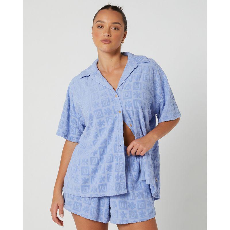 

Foreign Trade Original Order Rip * Cur * L Calypso Looped Fabric Shirt Outfit Tops + Shorts Beach Vacation Clothes Blue Short Sleeve Shirt XL