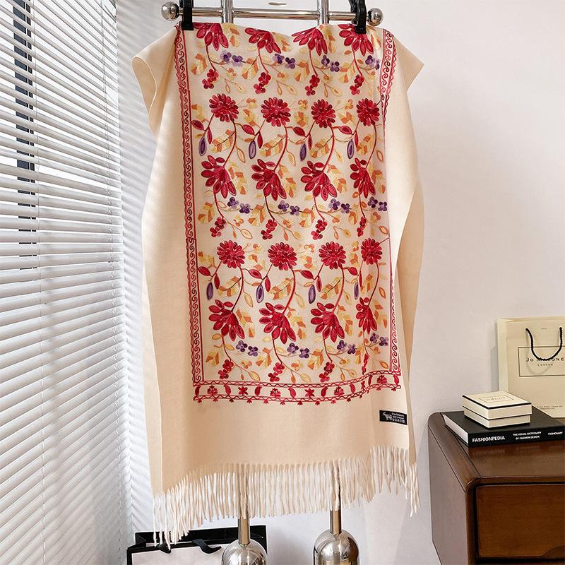 

Вышивка растений и цветов в ретро-литературном и этническом стиле, женский теплый шарф из пряжи с бахромой 185-65cm белый