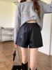 Kumikumi Design Women's PU Leather Wide-Leg Pants, High Waist, Elastic Waist, Autumn Style Slimming Shorts.