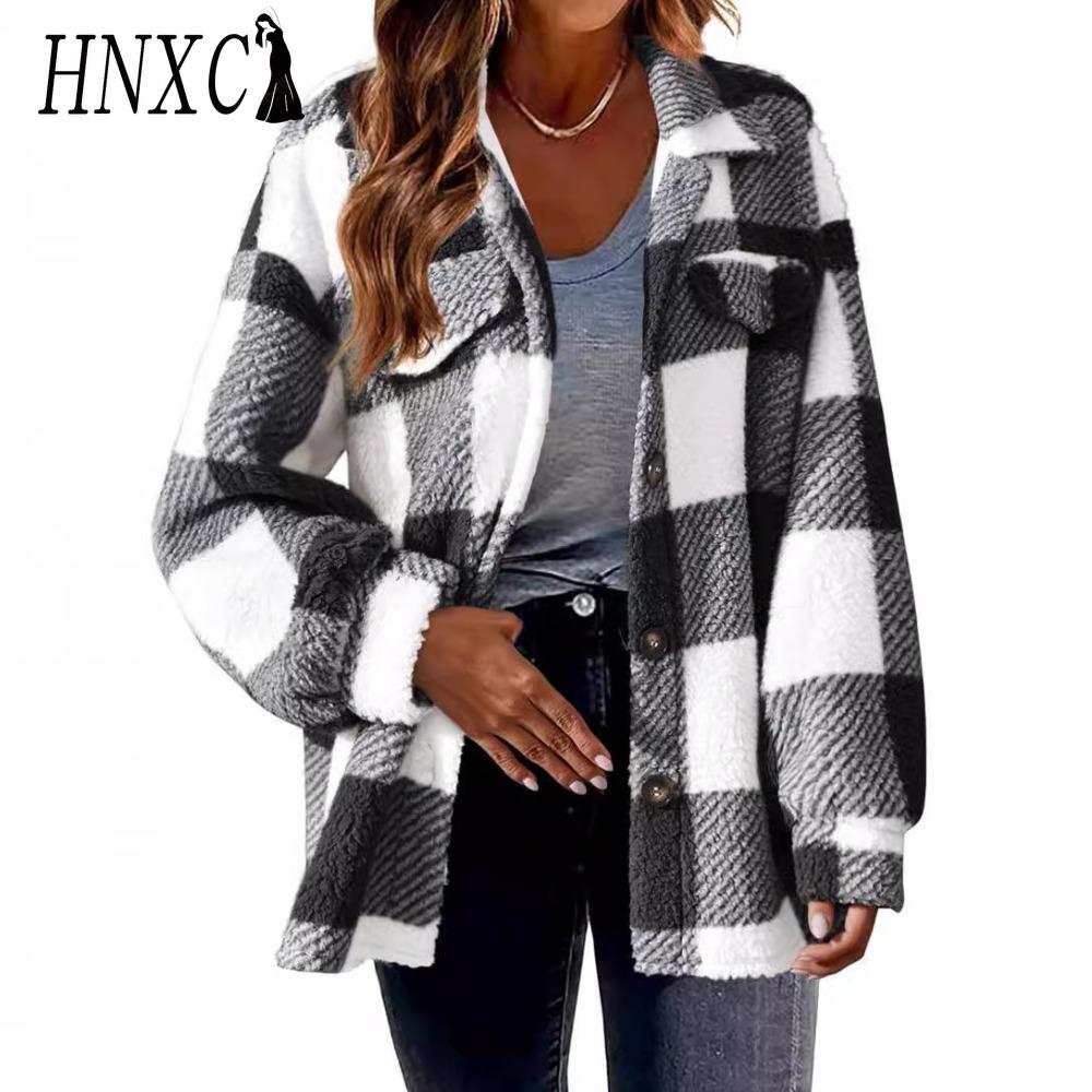 HNXC Damen Vintage Lässig Karomuster Herbst Winter Langarm POLO Kragen Jacken & Mäntel