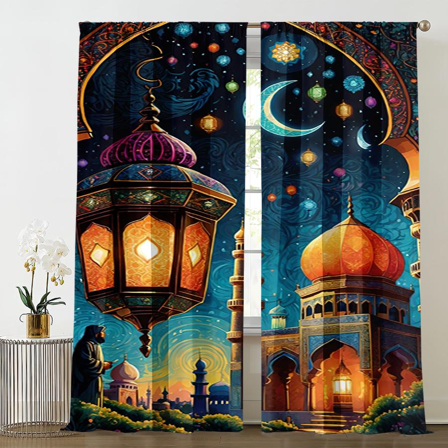 2PCS Islamic Mosque Lantern Curtains   Star and Moon Festival Celebration Wind   Bedroom and Living Room   Pull Up Pocket Style