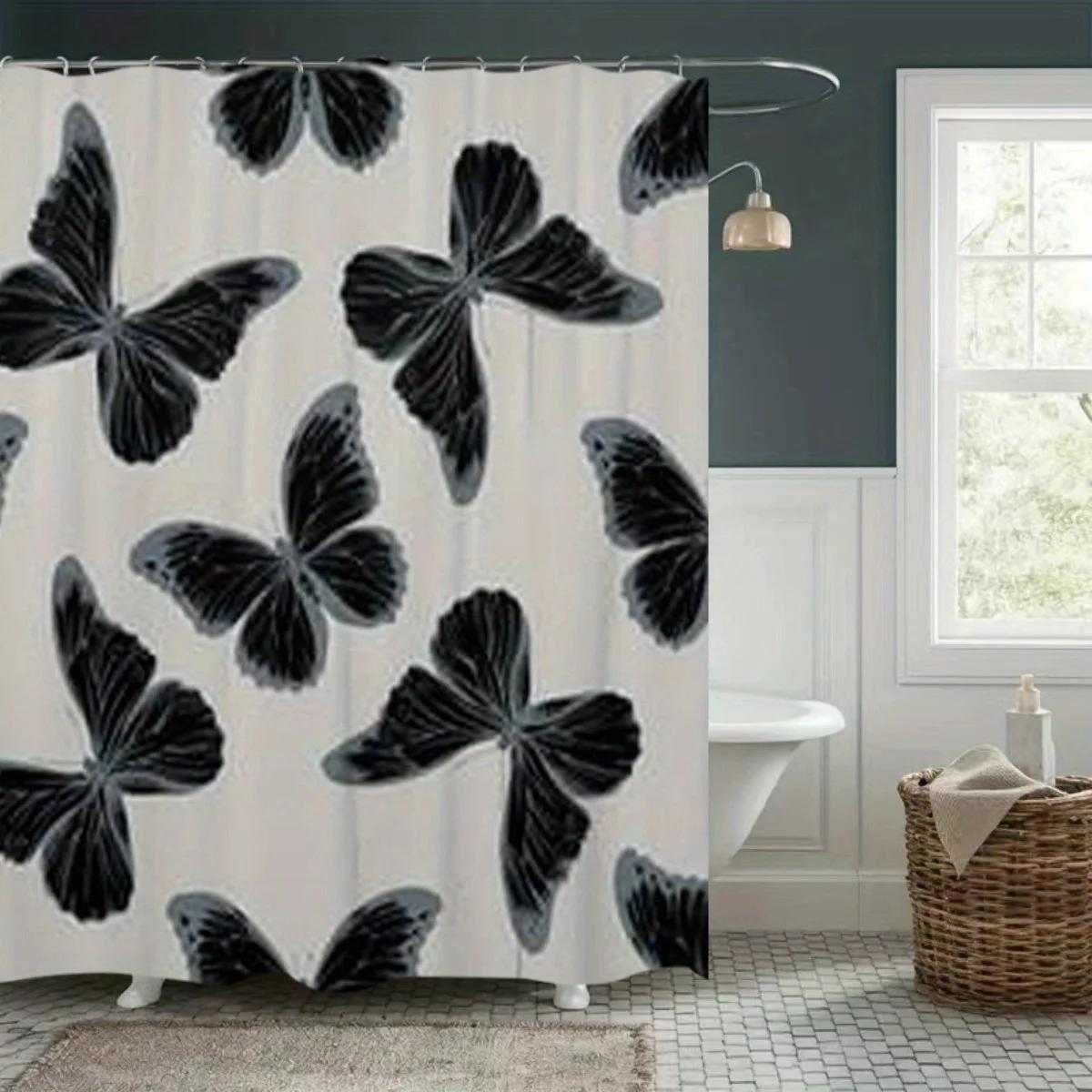 

Black Butterfly Curtain - Polyester, Non-Perforated Rings, Digital Print, Machine Washable, Modern Design W60H190(CM)-1 Pcs