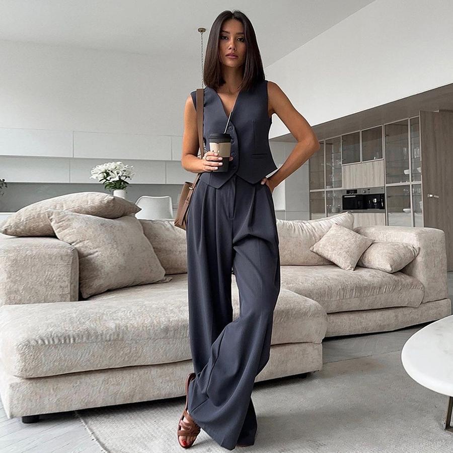 Women's Spring New Arrivals V-Neck Sleeveless Vest Wide Leg Pants Casual Set