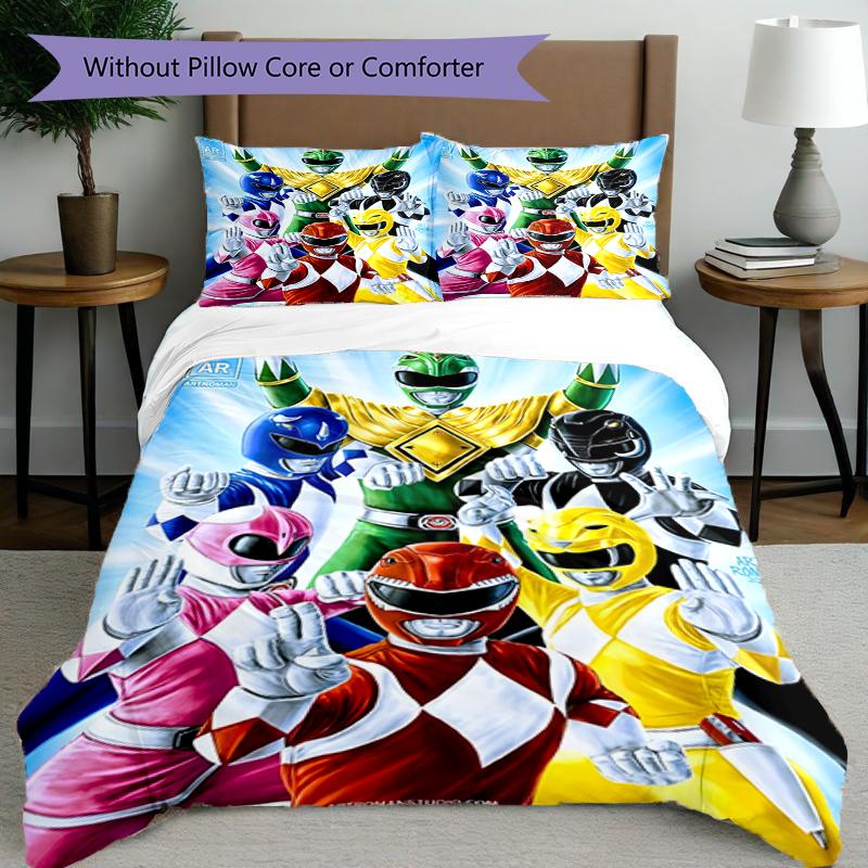 Parure de lit 3 pièces avec housse de couette (1*Housse de couette + 2*Taie d'oreiller, sans noyau),Ensemble de literie imprimé Mighty Morphin Power Rangers, Décor de chambre à coucher, Toutes saisons, Anniversaire