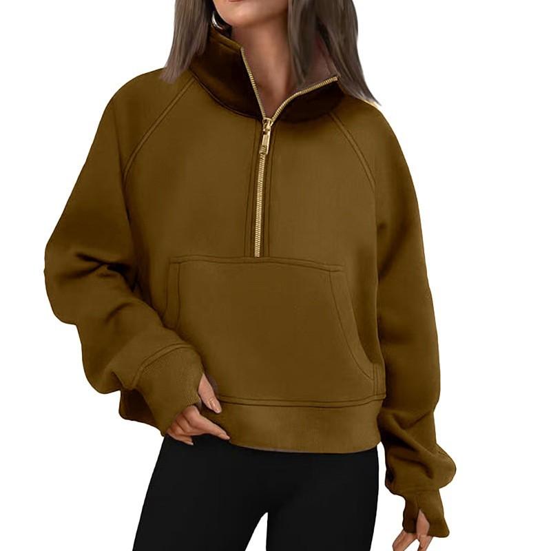 Womens Oversized Hooded Fleece Pullover Sweater With Raglan Sleeves Stand Collar Half Zip Streetwear