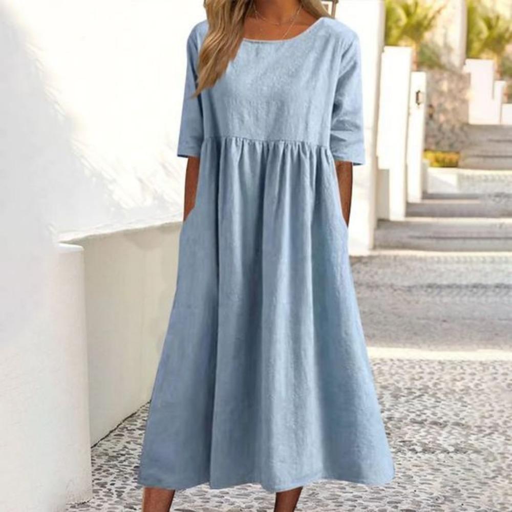 Spring and Summer Round Neck Casual Loose Solid Color Dress