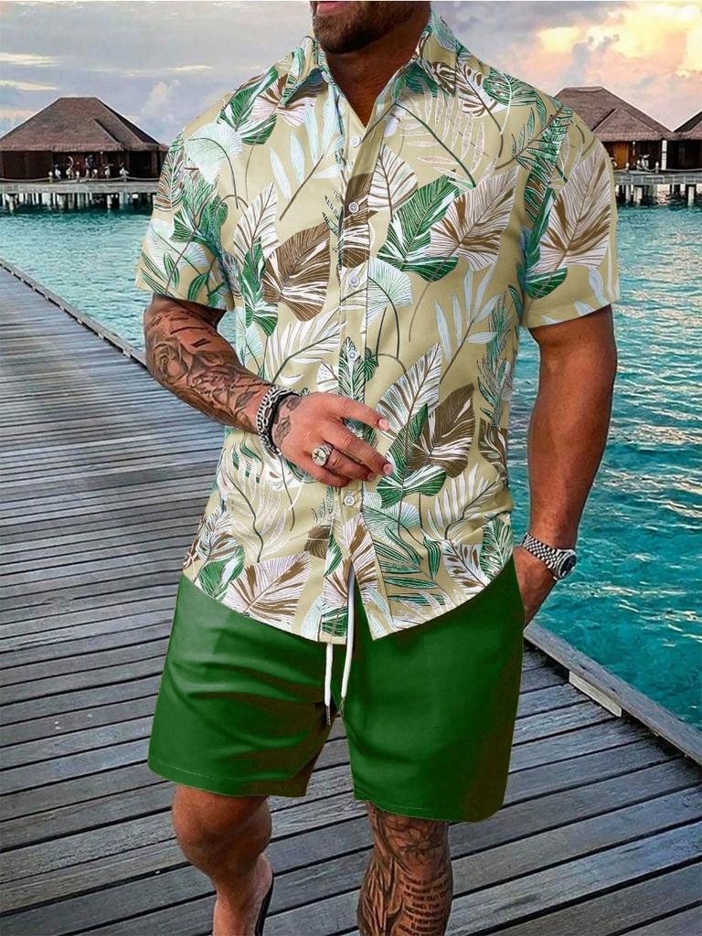 Sommer Strand 2-teiliges Hemd Set Herren Lässig Tropischer Print Kurzarmhemd Und Shorts Set Tropisches Hemd Herren Urlaubs Sets