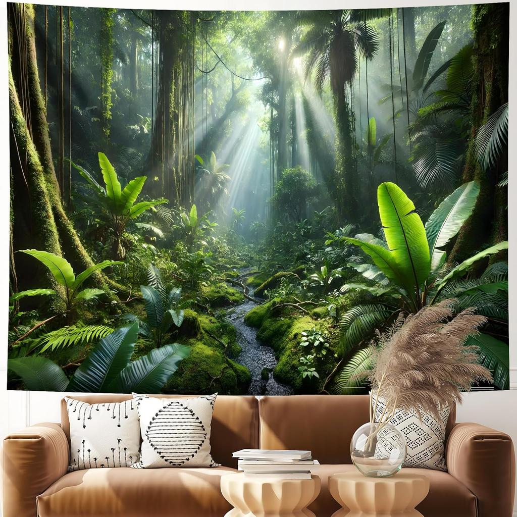 Nature Mountain Forest Tapestry for Bedroom, Landscape Wall Hanging Tapestries, Scenic Green Pine Tree Waterfall Landscape Wall