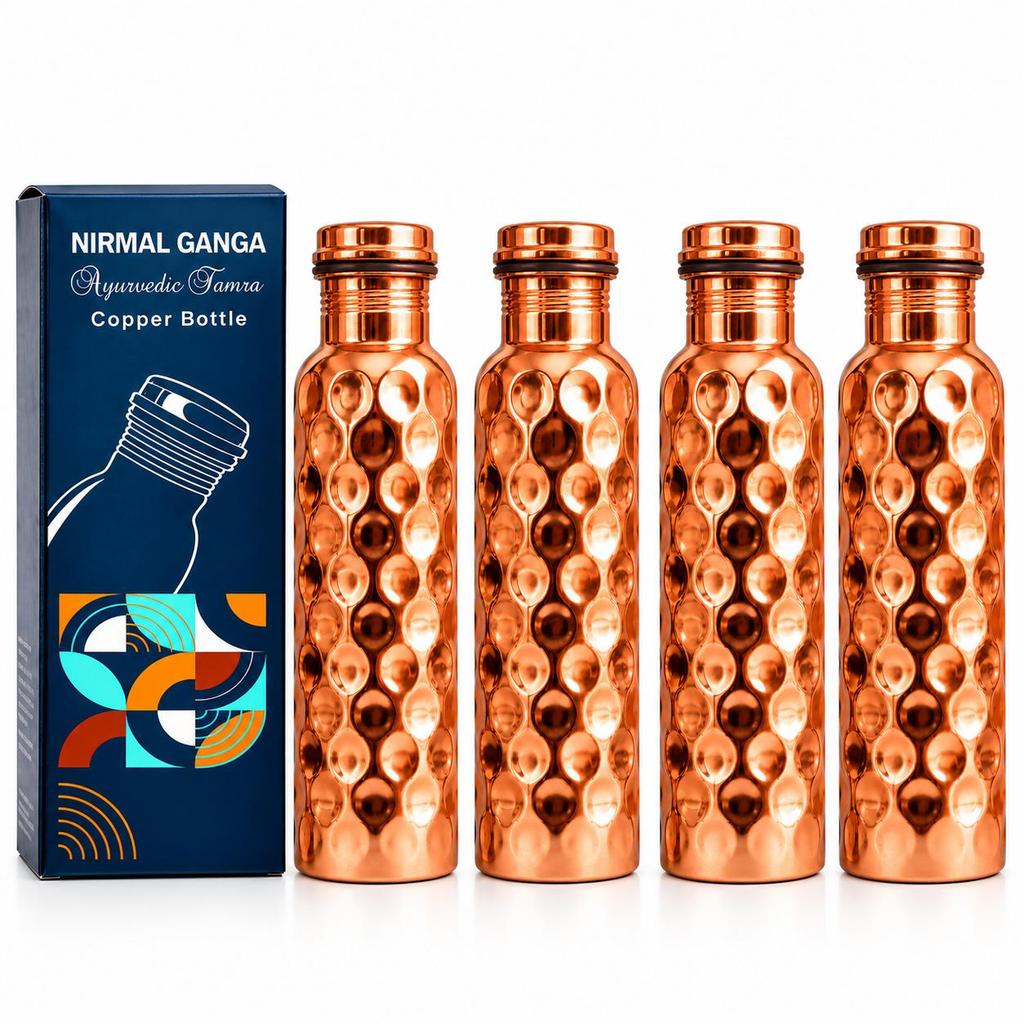 Bottiglia in Rame Design Diamante Nirmal Ganga 1L (Confezione da 4) | Borraccia in Rame Puro | A Prova di Perdite & Elegante