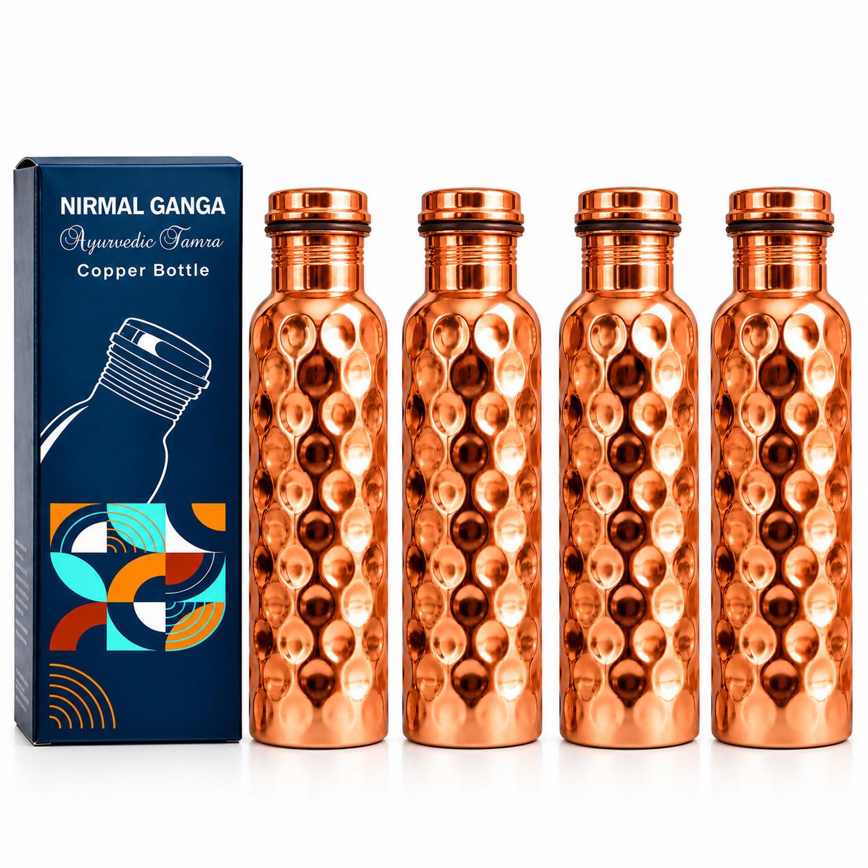 Nirmal Ganga Diamant Design Kupferflasche 1L (Packung mit 4) | Reinkupfer-Wasserflasche | Auslaufsicher & Stilvoll orange