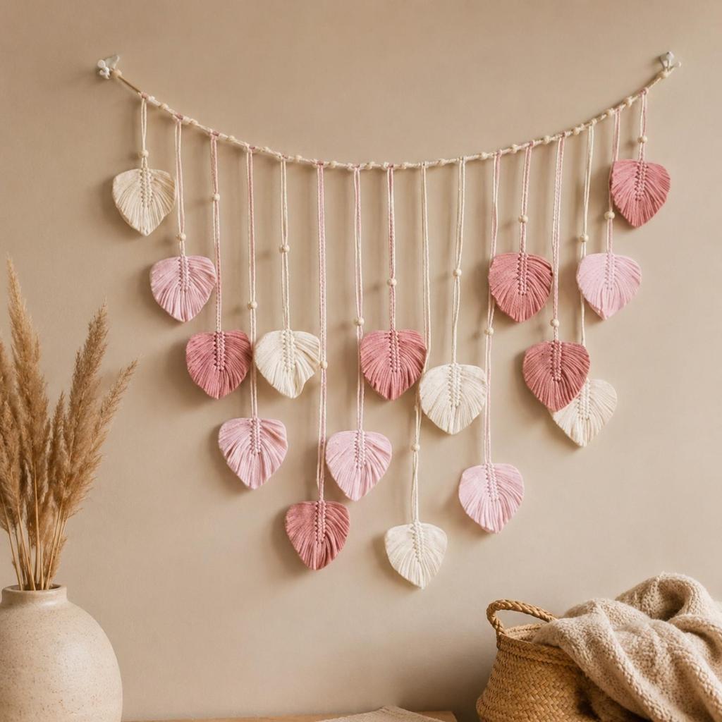 Cotton Rope Wall Hanging with Leaf Ornaments Handmade for Bedroom, Studio