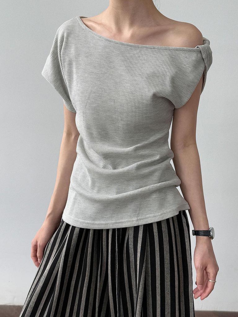 LUXI Asymmetrical One-Shoulder Waffle Knit Top - Summer Slim Fit for Women