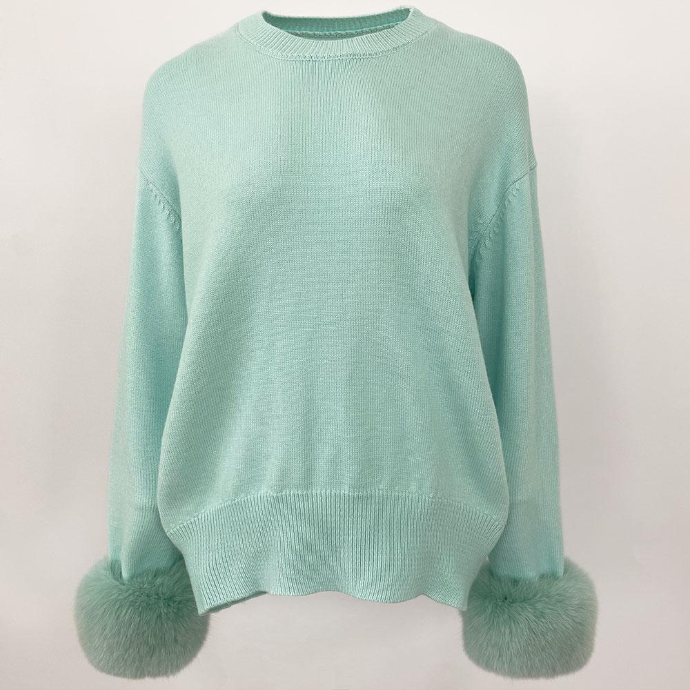 OFTBUY Winter Women Sweater Knitted Real Fox Fur Cuff Round Neck Loose Knit Mid-length Woolen Blends