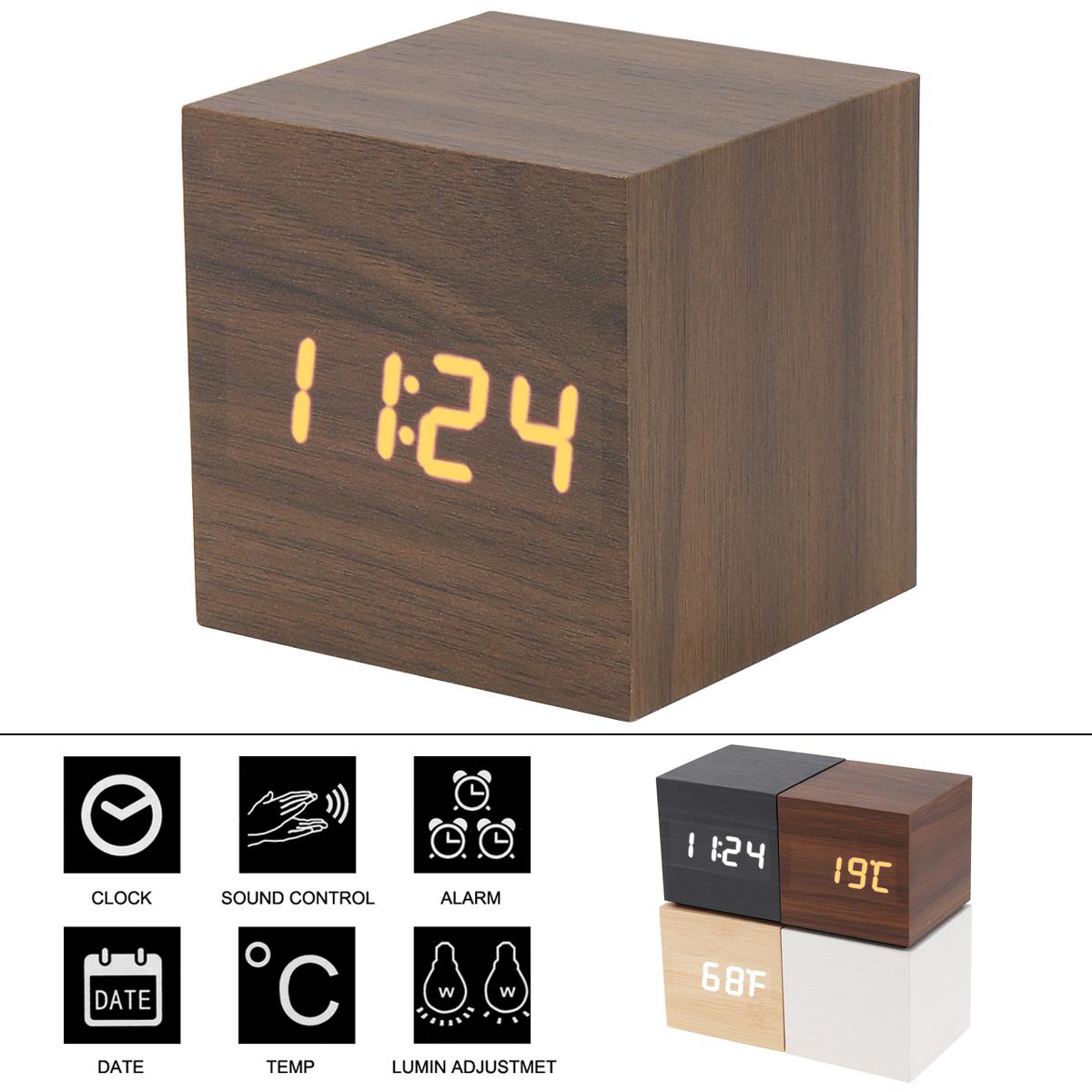 

Digital Clock LED Wood Alarm Clock Voice Control Time Date Temperature Digital Bamboo Square Table Desktop Clocks CHINA белый