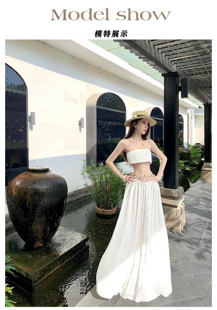 White tube top skirt set female hottie low waist long dress vacation two-piece dress