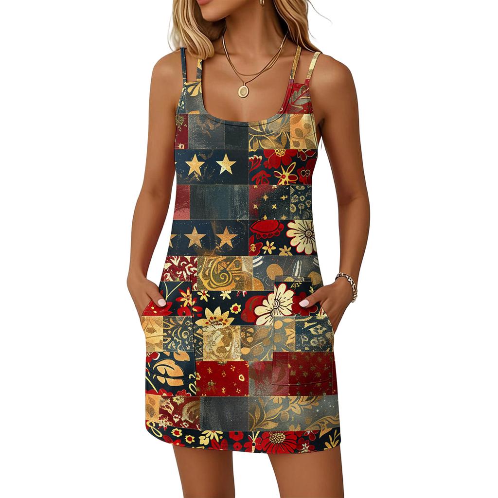Women’s Fashionable Casual Independence Day Printed Dress, Double-Strap Dress With Pockets
