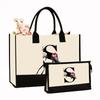 Canvas Shoulder Bag Makeup Set with Color Block Print & Portable Zipper Clutch