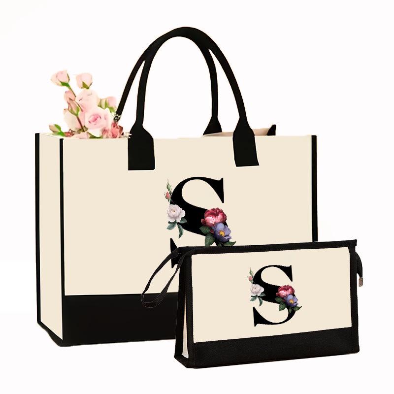 Canvas Shoulder Bag Makeup Set with Color Block Print & Portable Zipper Clutch