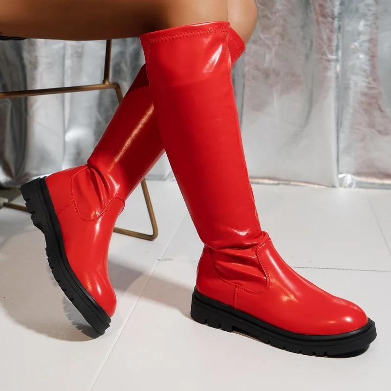 Módní červené dlouhé kozačky 2024 podzim zima nové dámské kozačky nad koleno velikost 43 protiskluzová silná podrážka dámská moderní bota