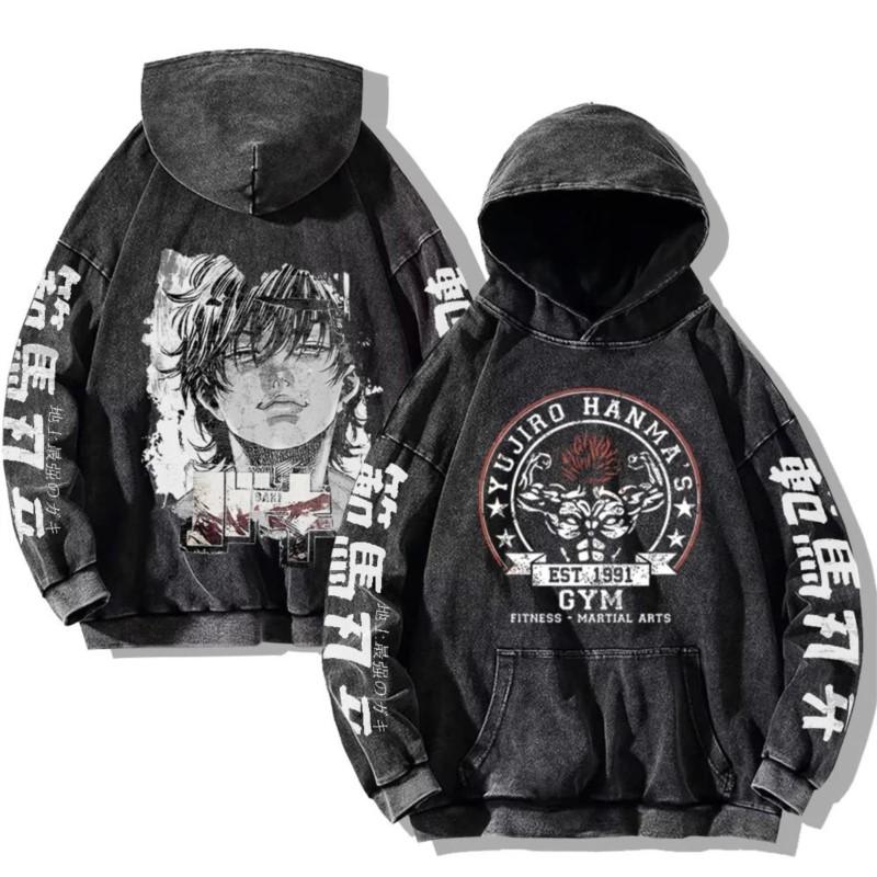 Baki Hanma Anime Print Hooded Men Women Vintage Trendy Hoodies Plus Size Washed Cotton Sweatshirt Harajuku Unisex Streetwear