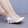Women High Heel Dress Sandalia Ankle Strap PU 5CM Wedges Heel White Bead Thick Bottom Shallow Mouth Wedding Dress Women Shoes