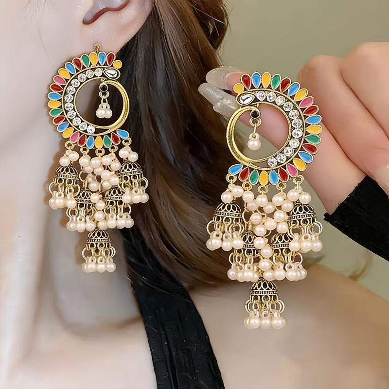 Retro Peacock Luxury Ethnic Style Personality Exaggerated Earrings Pearl Bell Fringed Earrings Women