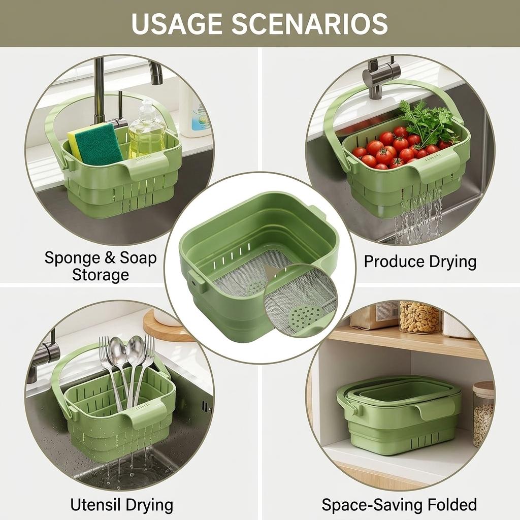 Foldable Kitchen Faucet Organizer Basket With Drainage And Residue Filter For Small Spaces