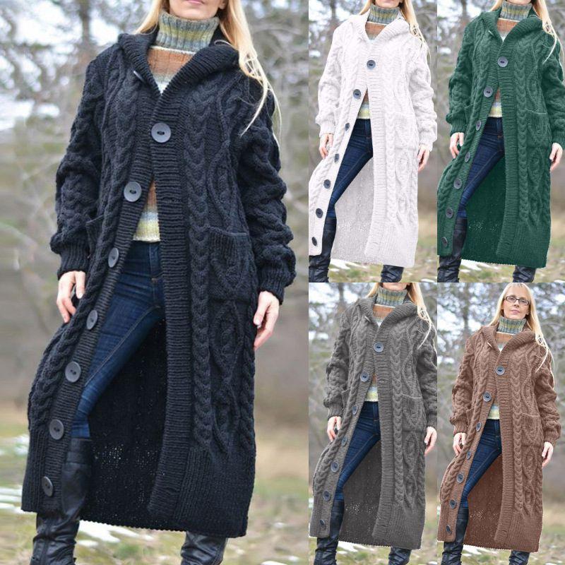 Knit Singlebreasted Womens Sweater Coat Hooded Button Tops Fashion Jacket Long