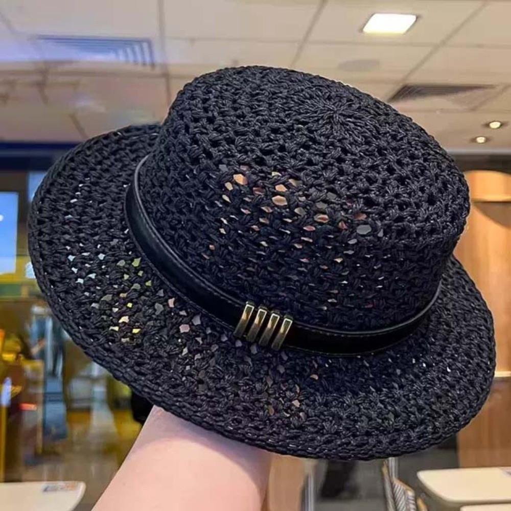 Sun Protection Handwoven Sun Cap Lightweight Flat Top Beach Hat Straw Boater Hat Beach Vacation