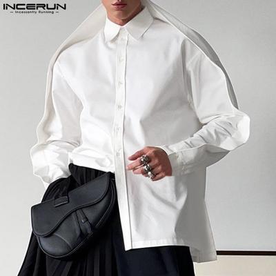 Men Buttons Long Sleeve Ruffled Hem Tops Casual Lapel Neck Shirts