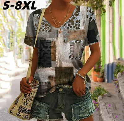 S-8XL Plus Size T-shirt for Women Vintage Plaid Print Tops Ladies Clothing V-neck Pullover Summer Oversized Short Sleeve Tees