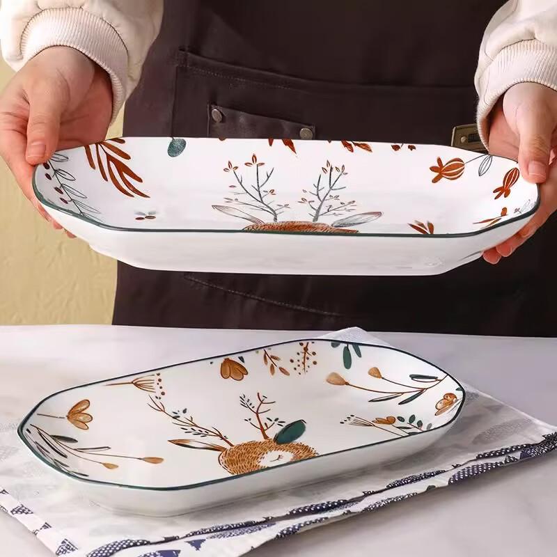 ZISIZ 12-Inch Ceramic Oval Fish Plate - Deer Pattern, 3-Compartment (Set of 2)