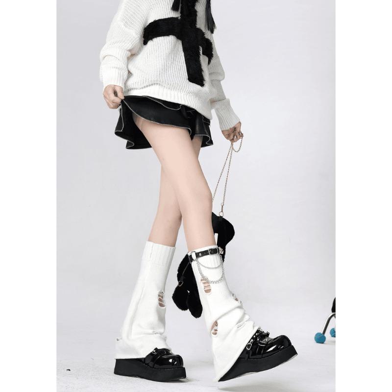 Leather Buckle Knitted Sock, Women's Black Ripped Leg Covers, Flared Personalized Leg Loops, Pile Mid-calf Socks, Stockings