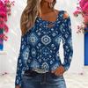 Women Plus Size Asymmetric Cutout Neck Cold Shoulder Long Sleeve Blue Printed Fitted Top