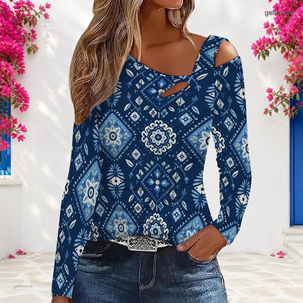 Women Plus Size Asymmetric Cutout Neck Cold Shoulder Long Sleeve Blue Printed Fitted Top