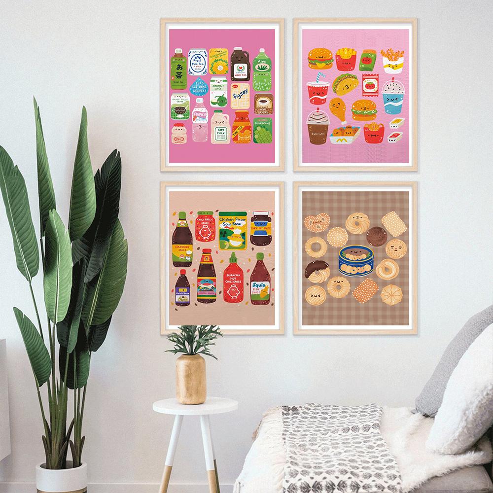 Cute Fast Food Drink Hamburger Posters Wall Art Canvas Painting Funny Sauce Prints Cookies Pictures Cartoon Kitchen Home Decor