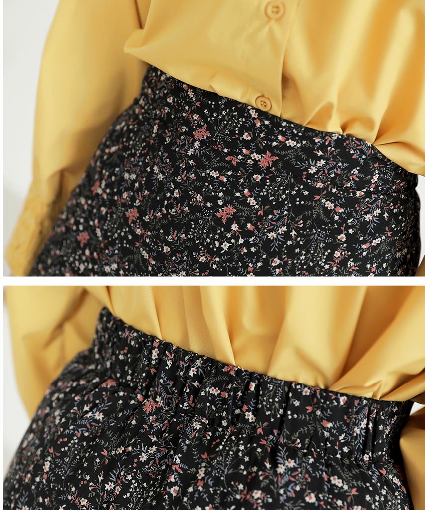 Ppaeppae Small Flower Back Elastic Waist A-Line Long Skirt