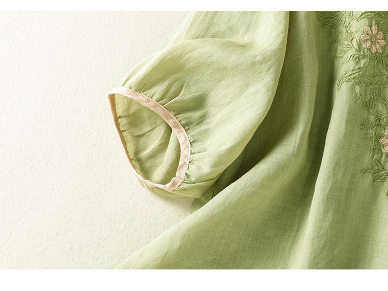 2025 Women's Summer Cotton Linen Embroidered V-Neck Loose Retro Pullover Shirt